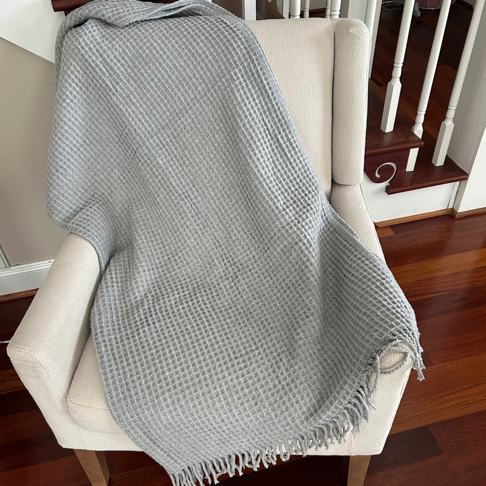 Roca Home Grey Waffle Weave Throw Blanket Fringe Trim Made in Portugal